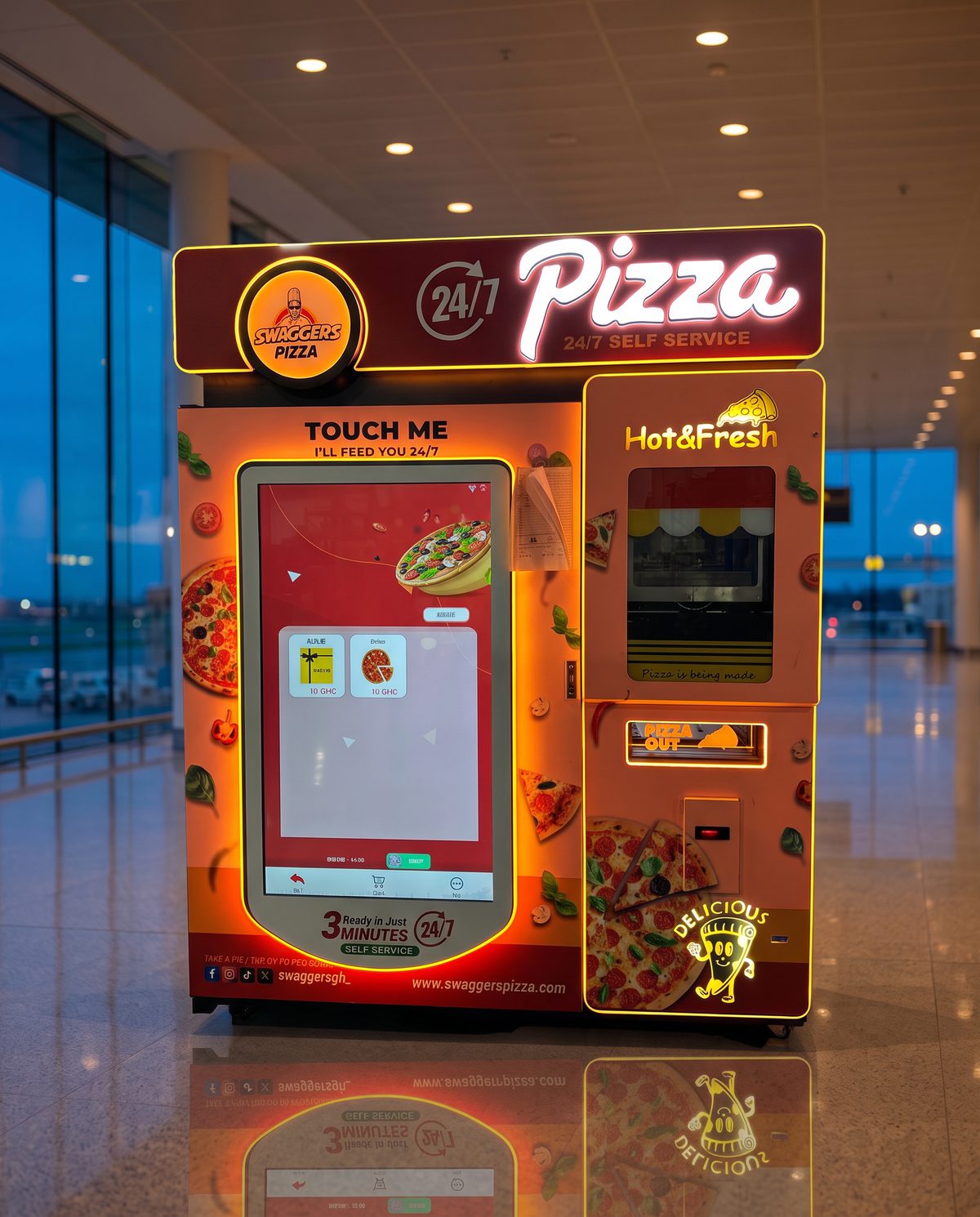 The Swaggers pizza machine glowing at dusk